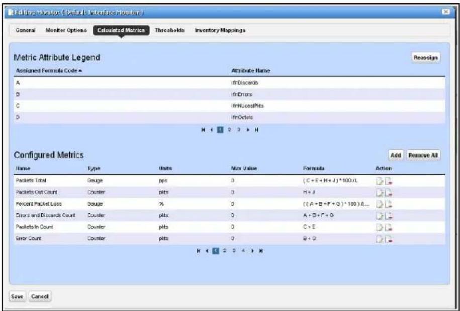 Edit Line Monitor (Default Interface Monitor) General Monitor Options Calculated Metrics Thresholds Inventory Mappings Metric Attribute Legend Reassign Assigned Formula Code ▶ Attribute Name A ifnDiscards B ifnErrors C ifmNucostPits D ifnOctats H 1 2 3 H Configured Metrics Name Type Units Max Value Formula Action Add Remove All Packets Total Gauge pits 0 (C + E + H + J) * 100 / L Packets Out Count Counter pits 0 H + J Percent Packet Loss Gauge % 0 ((A + B + F + G) * 100) / ... Error and Discards Count Counter pits 0 A + B + F + G Packets In Count Counter pits 0 C + E Error Count Counter pits 0 B + G Save Cancel