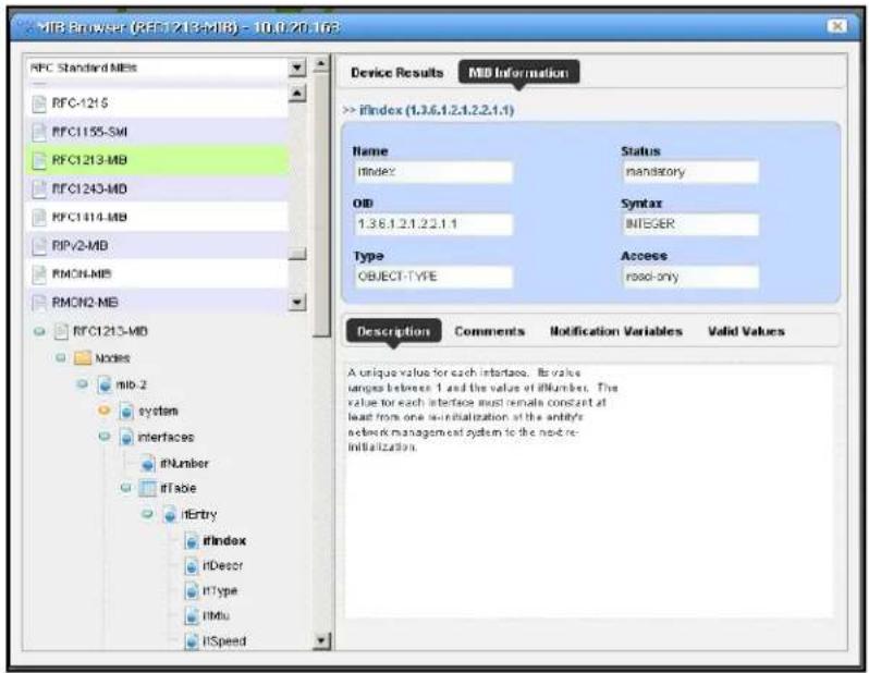 MIR Browser (MIR-1213-MB) - 10.0.70.163 RFC Standard MBs RFC-1215 RFC1155-SMI RFC1213-MB RFC1243-MD RFC1144-MB RIP/2-MB RMCH-MB RMCH2-MB RFC1213-MB Nodes mb-2 system interfaces #Nlumber #Table #Entry ifIndex ifDecor ifType ifMtu ifSpeed Device Results MID Information >> ifindex (1.3.6.1.2.1.2.2.1.1) Name ifindex: Status mandatory ID: 1.3.6.1.2.1.2.2.1.1 Syntax INTEGER Type OBJECT-TYPE Access root-only Description Comments Notification Variables Valid Values A unique value for each interface. Its value ranges between 1 and the value of ifNumber. The value for each interface must remain constant at least from one is initialization at the entity's network management system to the next re-initialization.