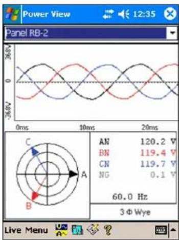 Power View 12:35 Panel RB-2 0ms 10ms 20ms C A B AN 120.2 V BN 119.4 V CN 119.7 V NG 0.1 V 60.0 Hz 3 Φ Wye Live Menu