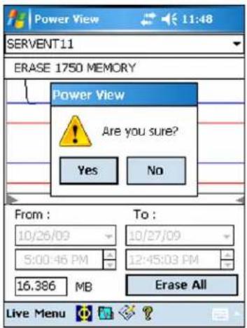 Power View 11:48 SERVENT11 ERASE 1750 MEMORY Power View Are you sure? Yes No From : 10/26/09 5:00:46 PM To : 10/27/09 12:45:03 PM 16.386 MB Erase All Live Menu