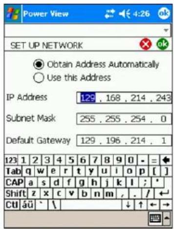 SET UP NETWORK Obtain Address Automatically Use this Address IP Address 129 . 168 . 214 . 243 Subnet Mask 255 . 255 . 254 . 0 Default Gateway 129 . 196 . 214 . 1 123 1 2 3 4 5 6 7 8 9 0 - = Tab q w e r t y u i o p [ ] CAP a s d f g h j k l ; * Shift z x c v b n m , . / Ctú áü ` \ ↓ ↑ ← →