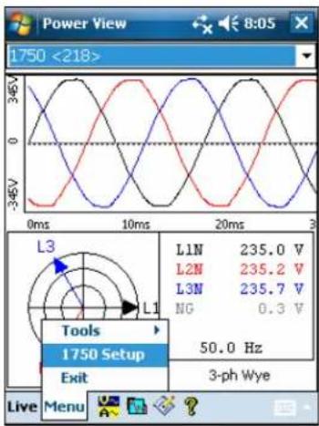 Power View 1750 <218> 346V 0 10ms 20ms 3 L3 L1N 235.0 V L2N 235.2 V L3N 235.7 V NG 0.3 V Tools 1750 Setup 50.0 Hz Exit 3-ph Wye Live Menu