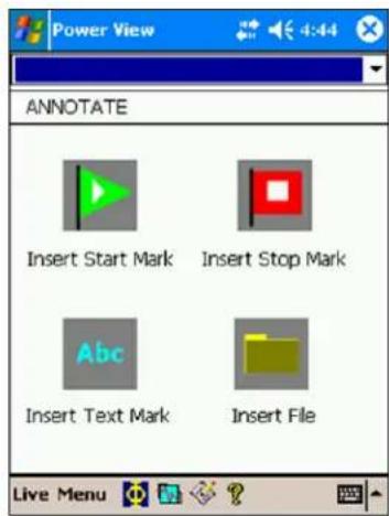 Power View ANNOTATE Insert Start Mark Insert Stop Mark Abc Insert Text Mark Insert File Live Menu