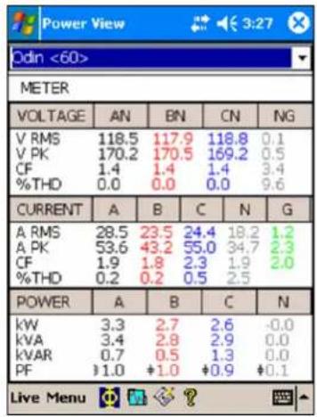 Power View Odin <60> METER VOLTAGE AN BN CN NG V RMS 118.5 117.9 118.8 0.1 V PK 170.2 170.5 169.2 0.5 CF 1.4 1.4 1.4 3.4 %THD 0.0 0.0 0.0 9.6 CURRENT A B C N G A RMS 28.5 23.5 24.4 18.2 1.2 A PK 53.6 43.2 55.0 34.7 2.3 CF 1.9 1.8 2.3 1.9 2.0 %THD 0.2 0.2 0.5 2.5 POWER A B C N kW 3.3 2.7 2.6 -0.0 kVA 3.4 2.8 2.9 0.0 kVAR 0.7 0.5 1.3 0.0 PF 1.0 +1.0 +0.9 +0.1 Live Menu