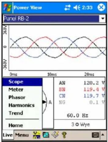 Power View Panel RB-2 Scope Meter Phasor Harmonics Trend Home 36V 0ms 10ms 20ms AN 120.2 V EN 119.4 V CN 119.7 V NG 0.1 V 60.0 Hz 3 Φ Wye Live Menu