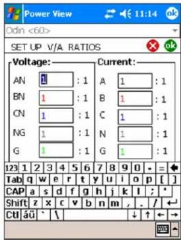 Power View 11:14 ok Odn <60> SET UP V/A RATIOS Voltage: AN 1 : 1 A 1 : 1 BN 1 : 1 B 1 : 1 CN 1 : 1 C 1 : 1 NG 1 : 1 N 1 : 1 G 1 : 1 G 1 : 1 Current: 123 1 2 3 4 5 6 7 8 9 0 - = ◀ Tab q w e r t y u i o p [ ] CAP a s d f g h j k l ; * Shift z x c v b n m , . / ← Ctl äü ` \ ↓ ↑ ← →