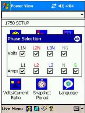 Power View 1750 SETUP Phase Selection L1N L2N L3N NG Volts ✓ ✓ ✓ ✓ L1 L2 L3 N G Amps ✓ ✓ ✓ ✓ ✓ Volts/Current Ratio Snapshot Period Language Live Menu
