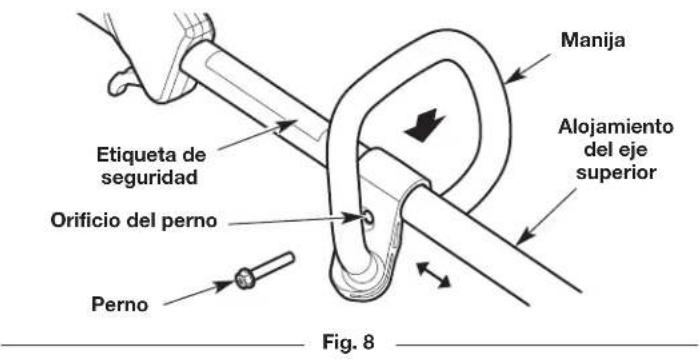Manija Alojamiento del eje superior Etiqueta de seguridad Orificio del perno Perno Fig. 8