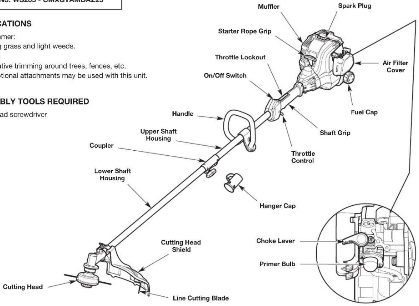 Muffler Spark Plug Starter Rope Grip Throttle Lockout On/Off Switch Air Filter Cover Fuel Cap Handle Upper Shaft Housing Coupler Lower Shaft Housing Cutting Head Shield Hanger Cap Cutting Head Line Cutting Blade Choke Lever Primer Bulb BLY TOOLS REQUIRED head screwdriver