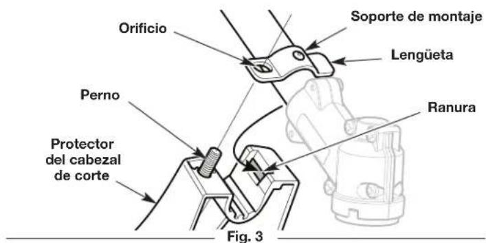 Orificio Soporte de montaje Lengüeta Perno Protector del cabezal de corte Ranura Fig. 3