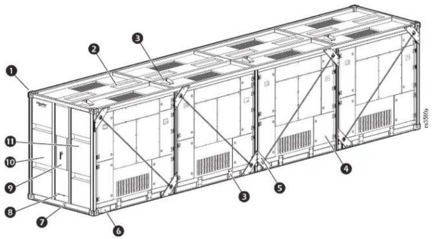 Technical diagram of a modular container with numbered components and mounting details