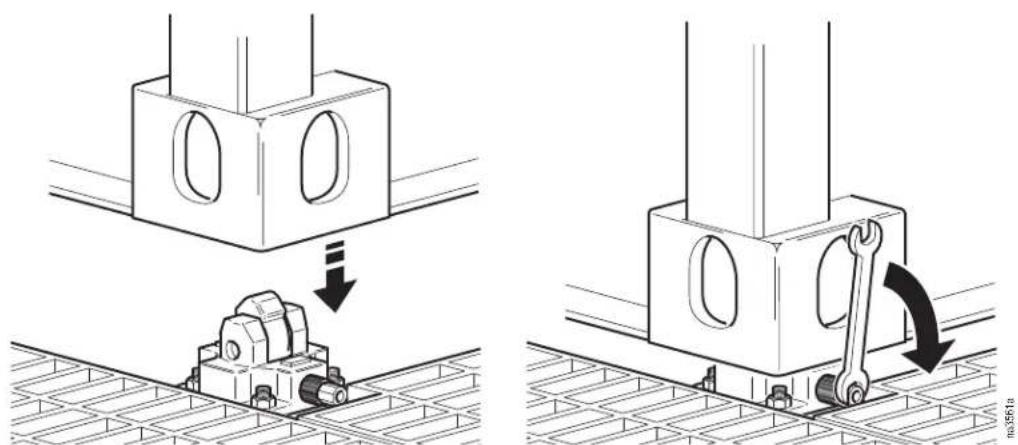 Technical diagram showing mechanical assembly steps with labeled components and directional arrows indicating motion