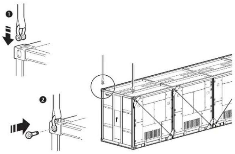 Technical diagram showing mechanical assembly steps with labeled components and directional arrows indicating motion or force directions.