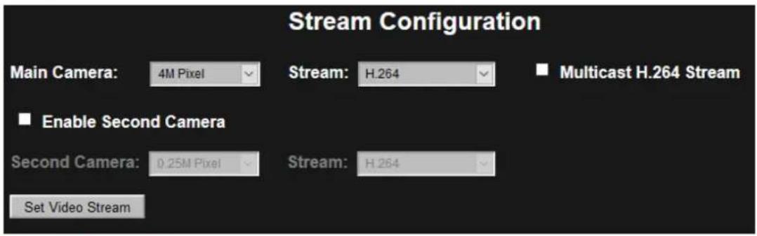 Stream Configuration Main Camera: 4M Pixel Stream: H.264 Multicast H.264 Stream ■ Enable Second Camera Second Camera: 0.25M Pixel Stream: H.264 Set Video Stream