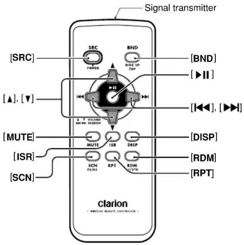 Signal transmitter [ SRC ] SRC POWER BND DISC UP TOP [ BND ] [ ▶ II ] [ ▲ ], [ ▼ ] [ ◀◀], [ ▶▶▶] VOLUME M4 34H STRACH [MUTE] MUTE ISR DISP [DISP] [ ISR ] SCN RPT RDM 2/VTR [RDM] [RPT] clarion - wireless remote controller -