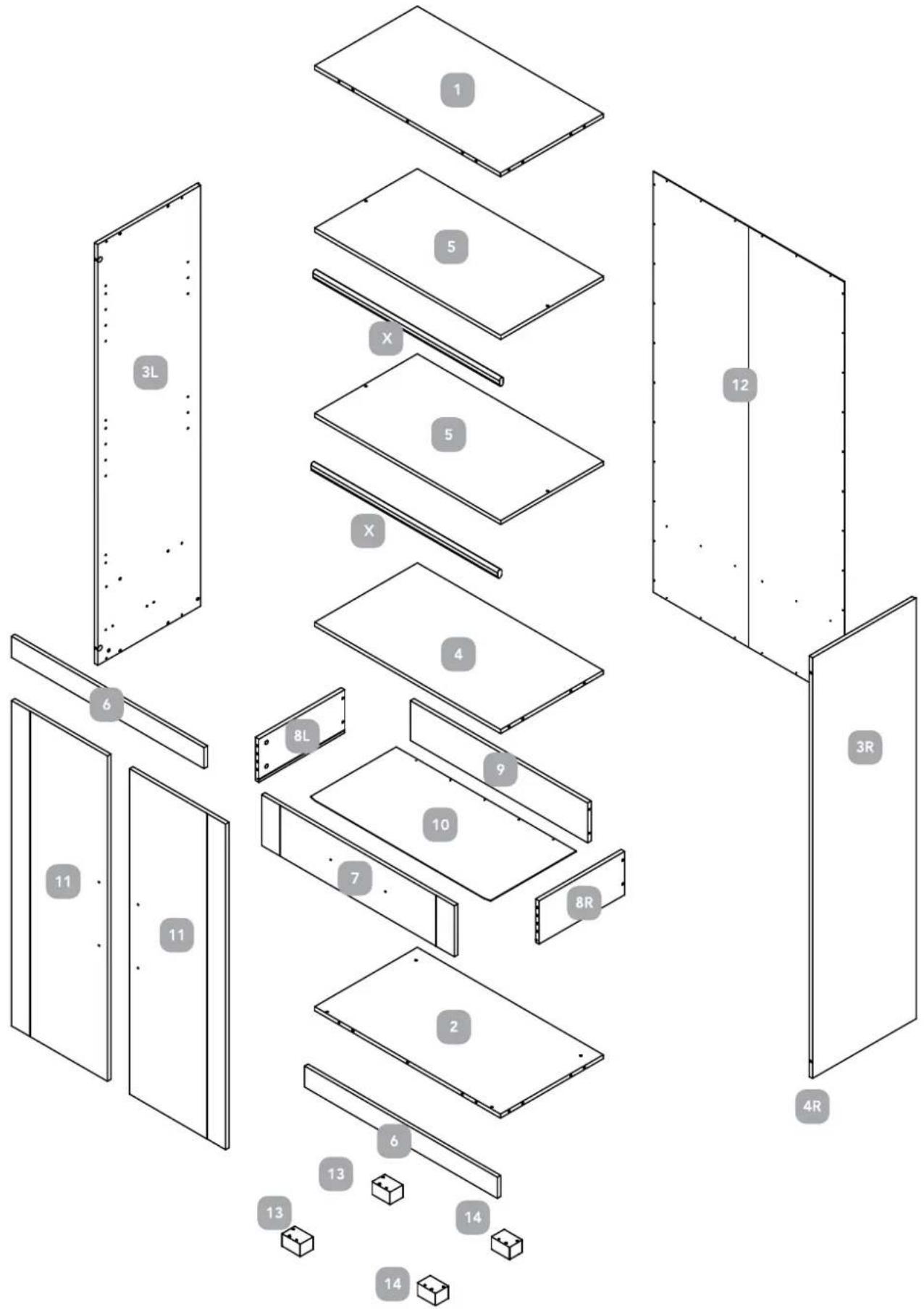 Exploded view diagram of a modular device with numbered components and labeled parts (L, X, R, 1–14)