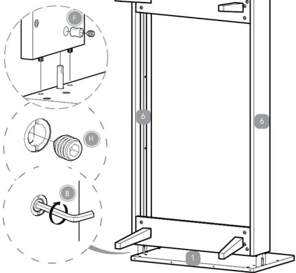 Technical diagram of a mechanical device with labeled parts and assembly steps, including zoomed-in views and component callouts.