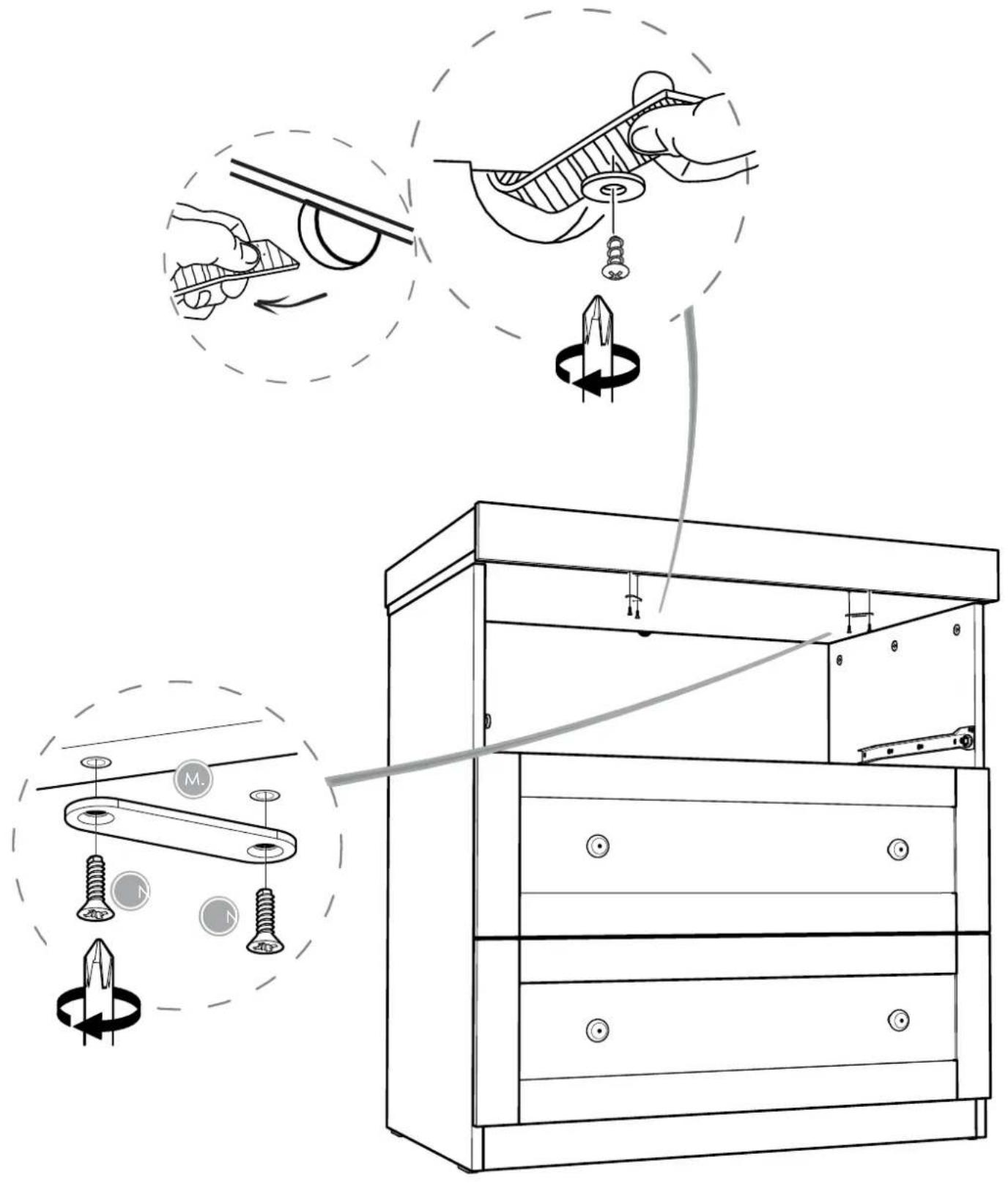 Diagram illustrating the installation of a furniture cabinet with labeled components and motion arrows, including hanging weights and rotating parts.