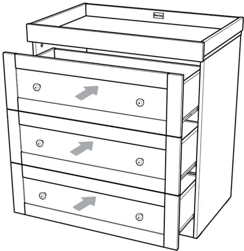 Line drawing of a multi-tiered drawer with arrows indicating movement or force, no text or symbols present