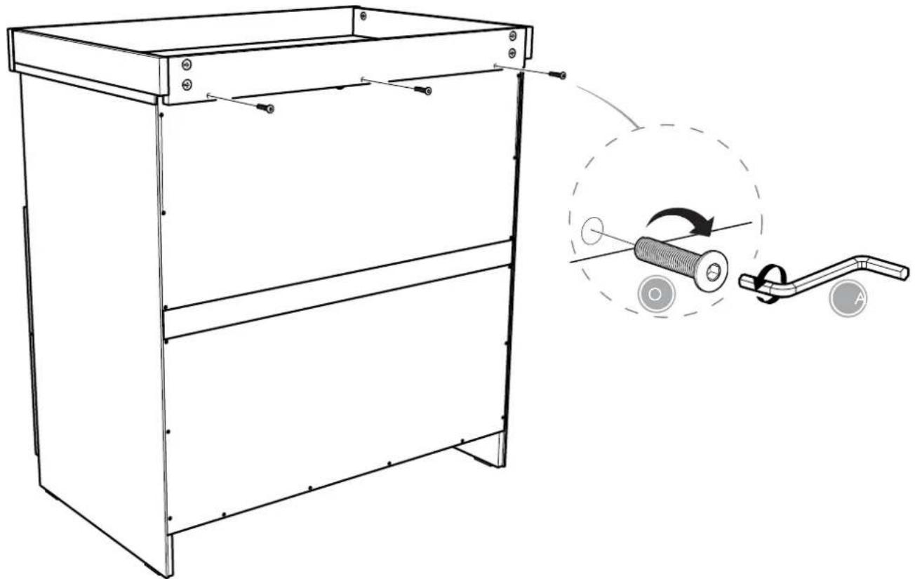 Technical line drawing of a two-tiered metal cabinet with attached spring and connecting rod (no text or symbols)
