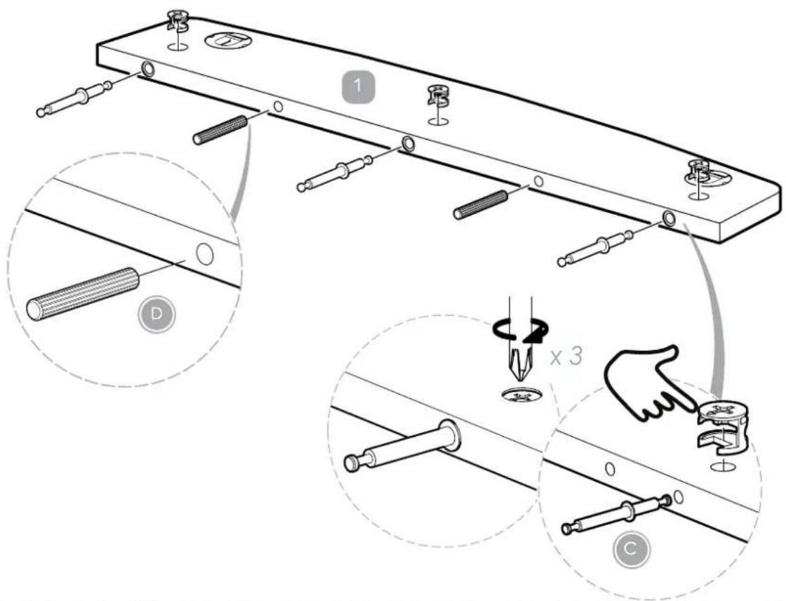 Technical diagram illustrating a mechanical assembly with labeled parts and three circular insets showing tool positioning and assembly steps.