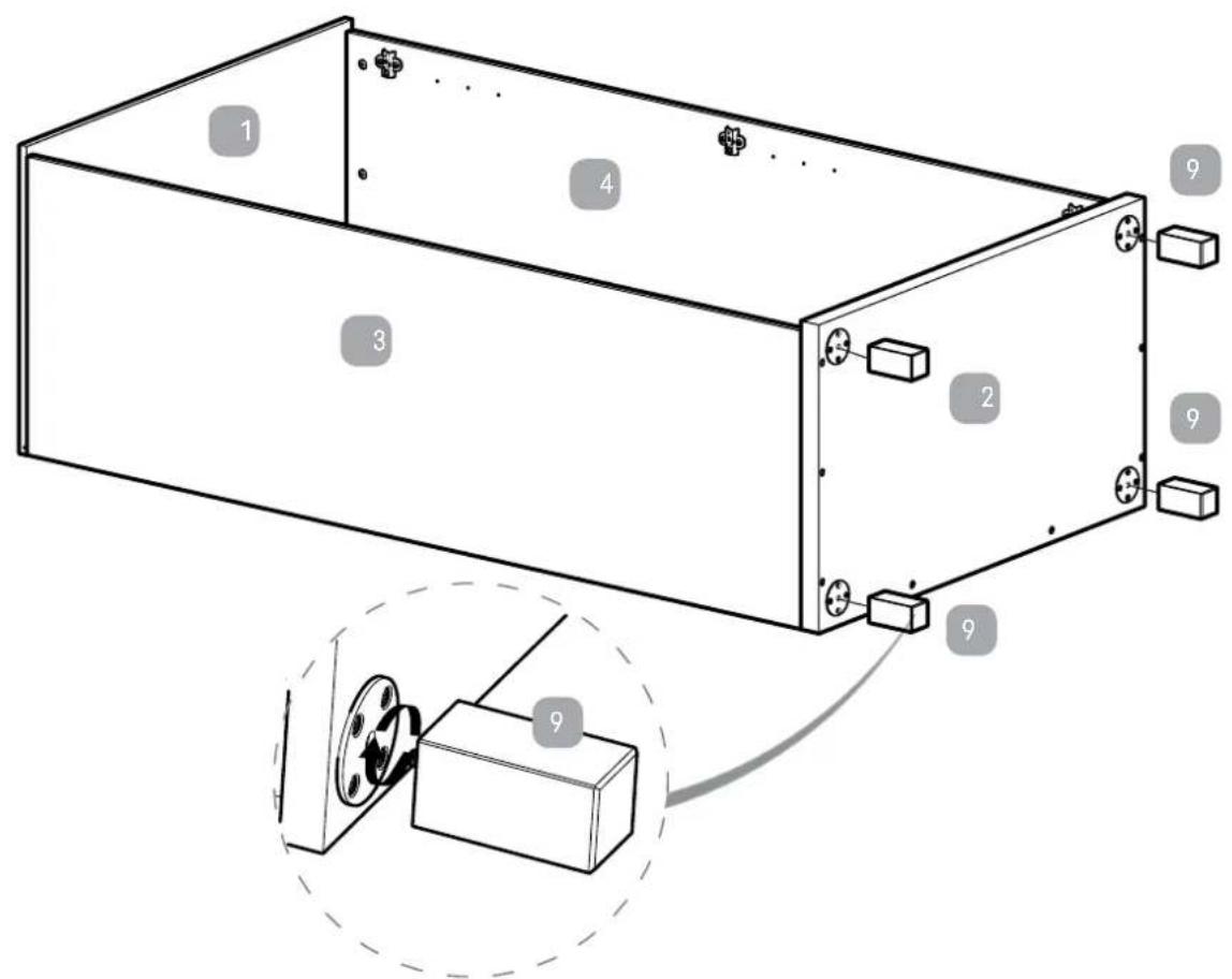 Technical diagram of a rectangular electronic device with numbered components and a magnified inset showing a mechanical assembly.