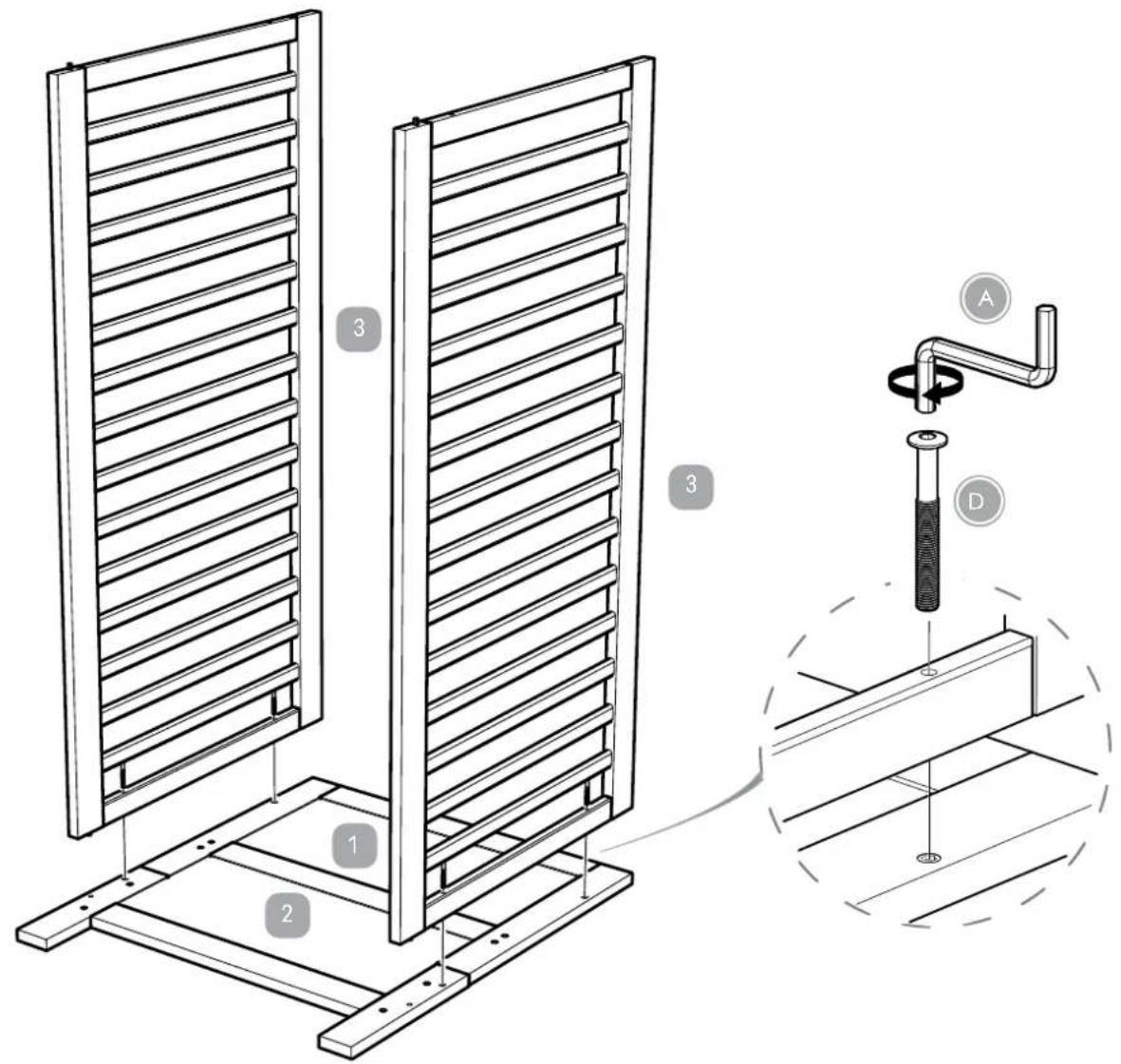 Technical diagram showing a mechanical assembly with labeled components and a close-up of a component being inserted into a frame.