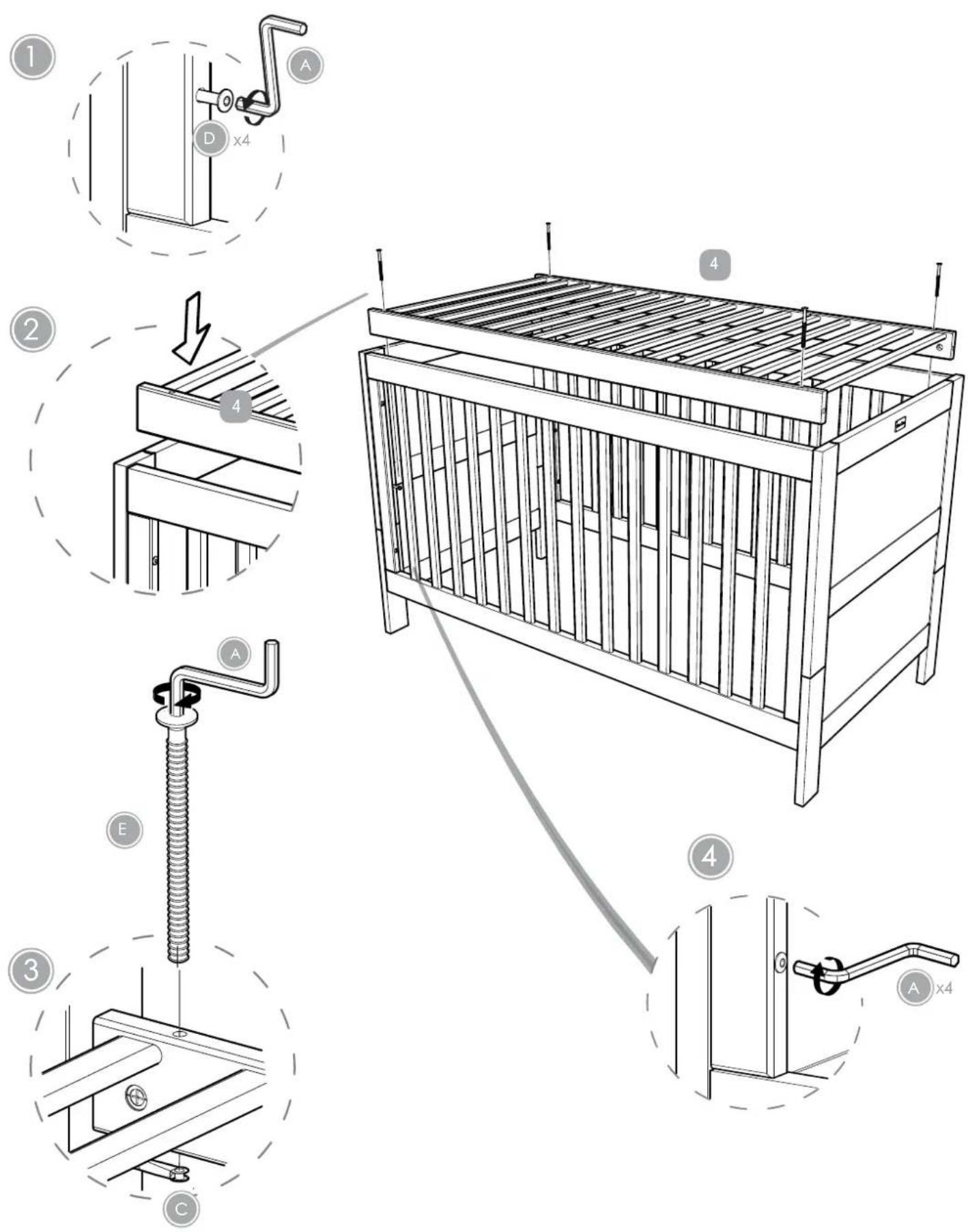 Technical diagram showing four-step assembly of a mechanical cage with labeled components and cross-sectional views.