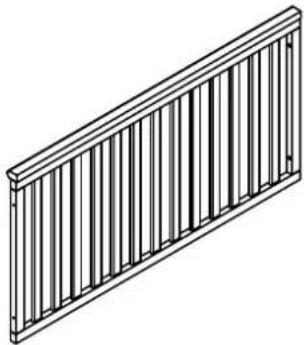 Isometric line drawing of a metal fence with vertical slats (no text or symbols)