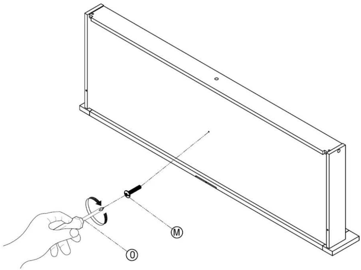 Technical diagram showing a hand holding a tool interacting with a structural frame, with labeled components O and M.