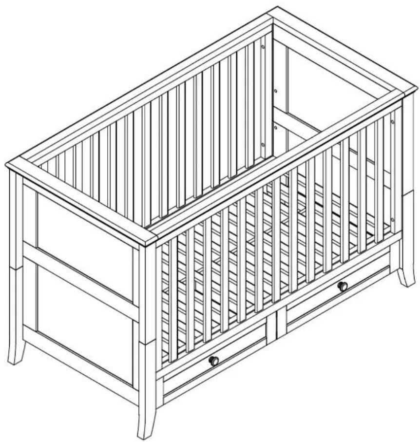 Line drawing of a baby crib with vertical slats and a drawer (no text or symbols)
