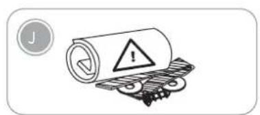 Warning symbol image showing a rolled document with warning triangle and warning sign, next to a circular icon labeled 'J'