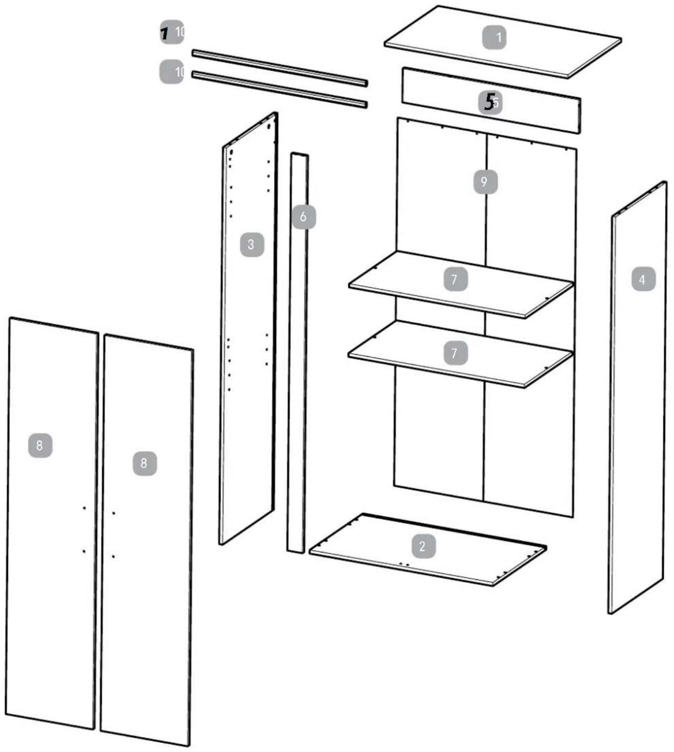 Exploded view diagram of a multi-tiered storage unit with numbered compartments and labeled parts