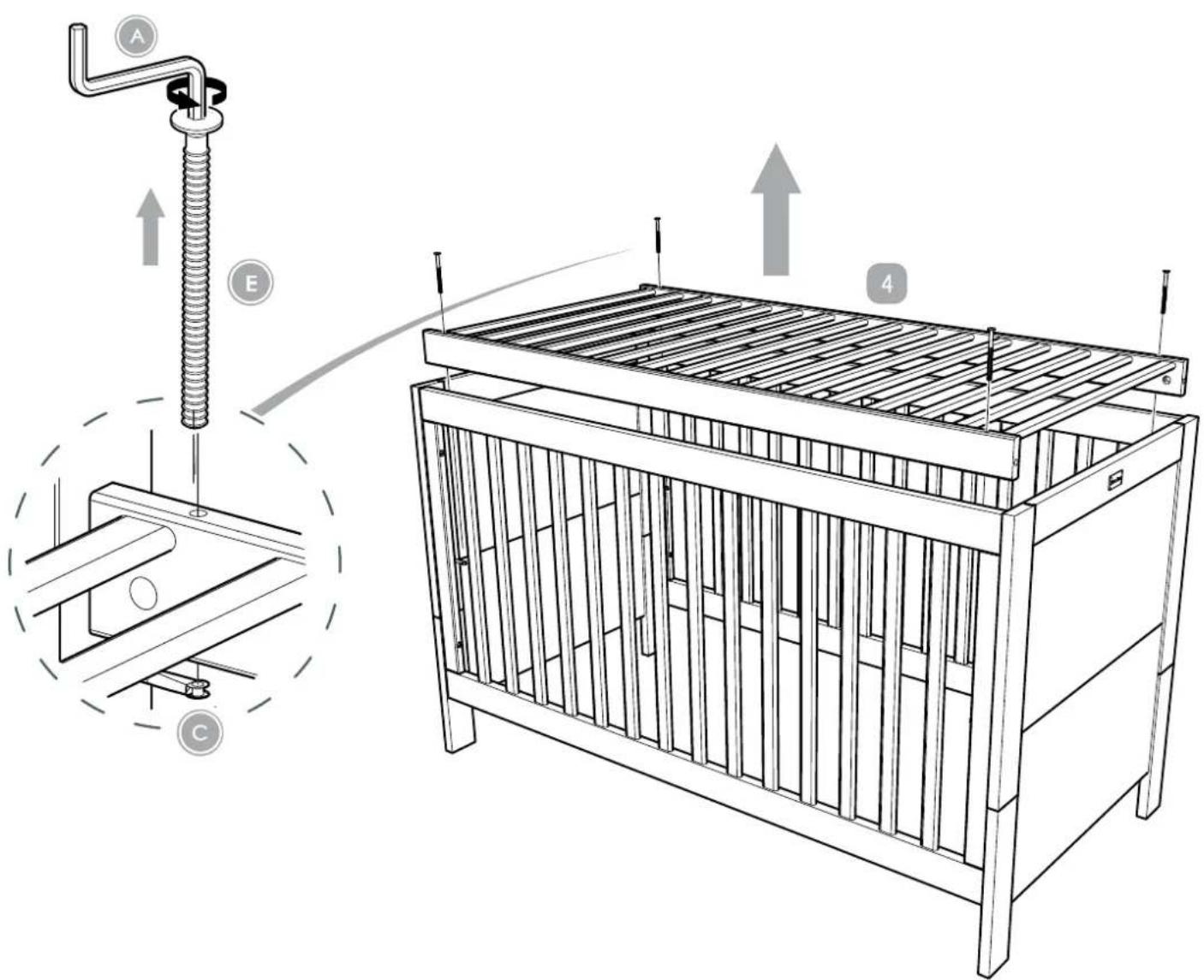 Technical diagram showing a mechanical assembly with labeled components A, E, and C, including an inset diagram of a metal frame structure.