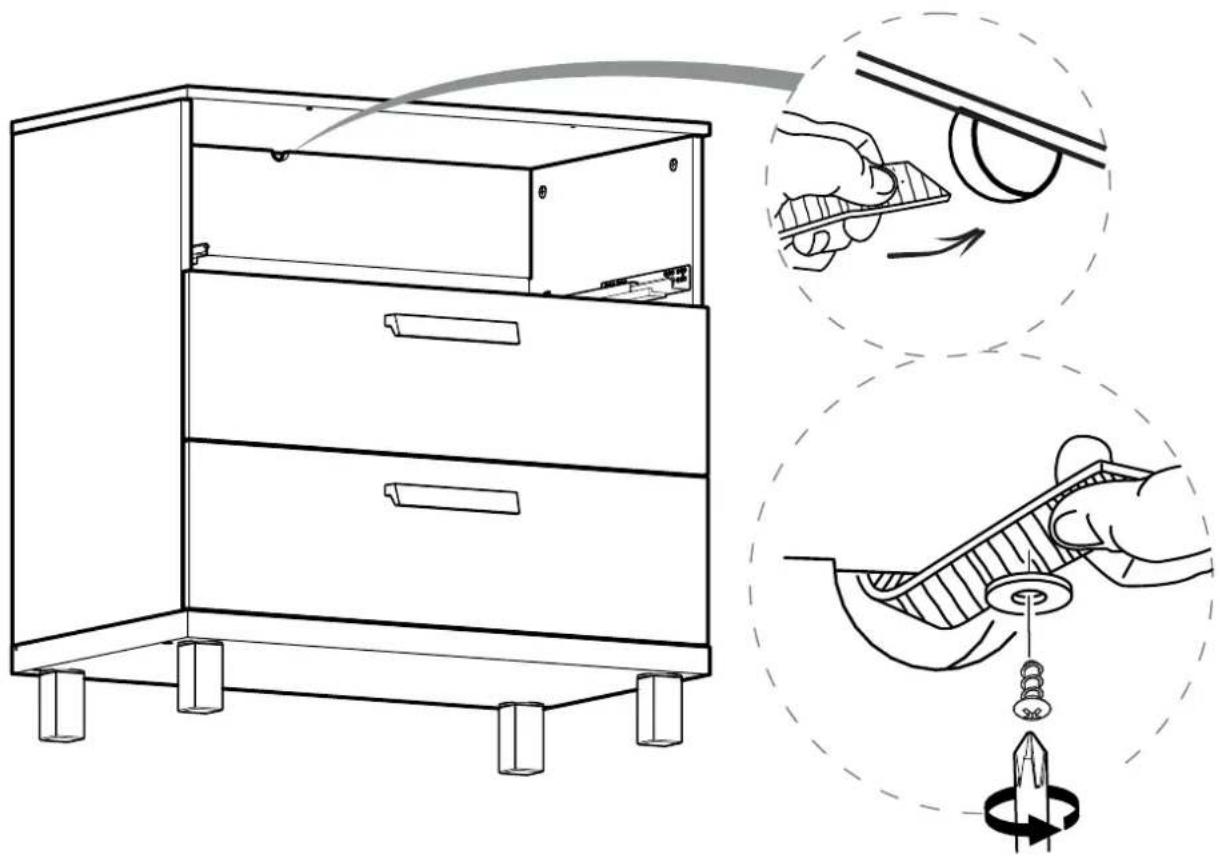 Diagram illustrating the installation of a cabinet with tool, showing hand positioning and mechanical assembly steps.