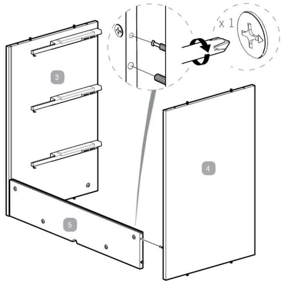 Technical diagram showing assembly steps of a device with labeled components and a magnified view of the component being threaded.