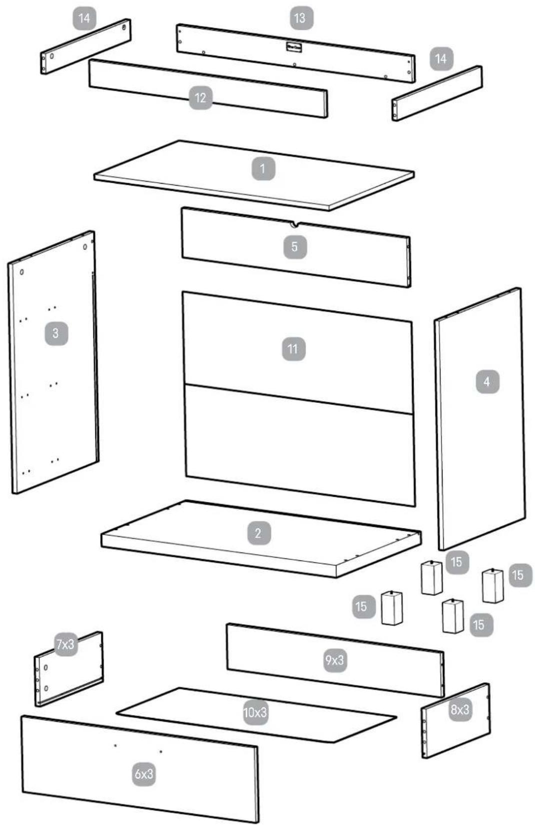 Exploded view diagram of a multi-panel electronic device with numbered components and battery pack labels