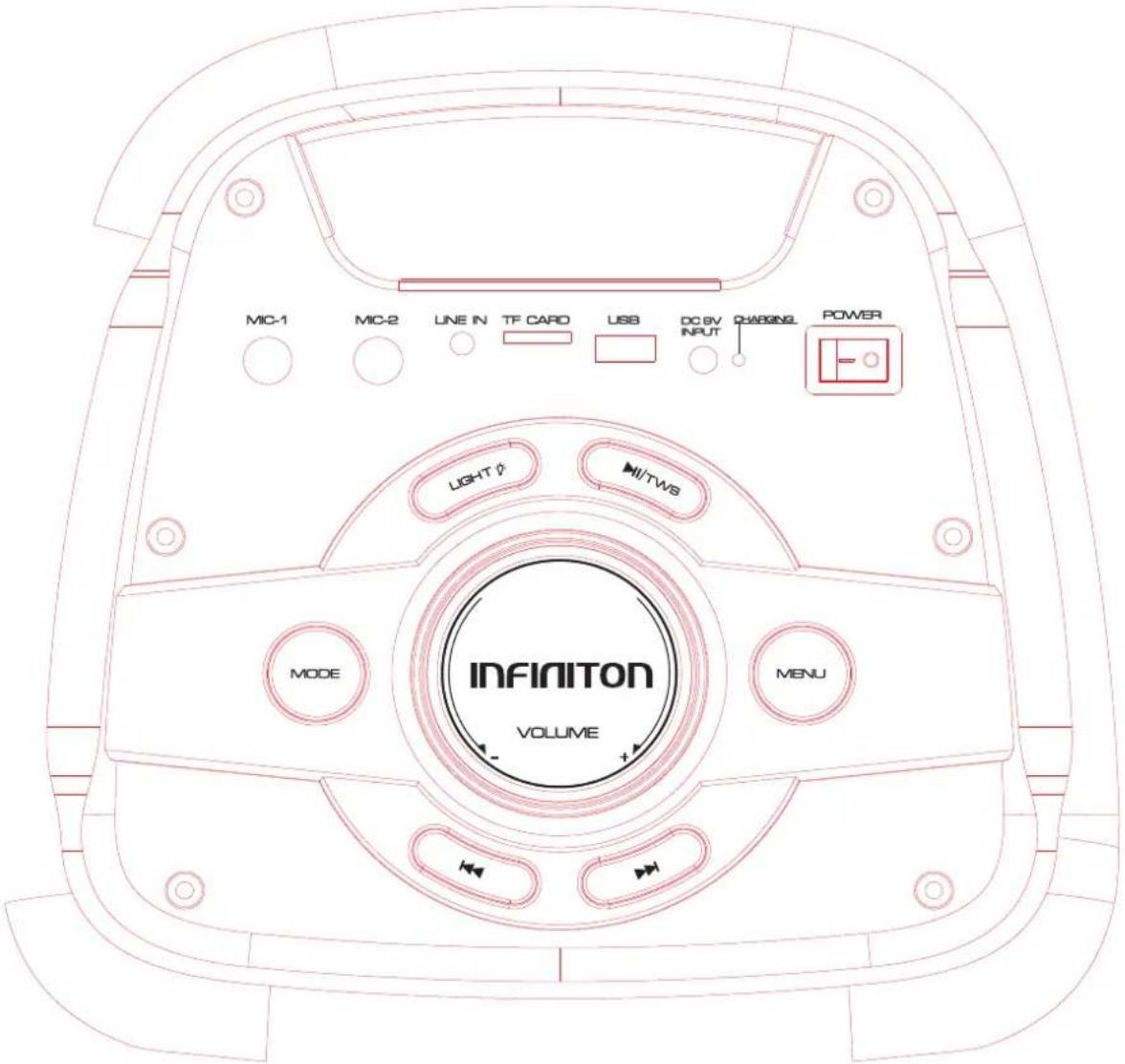 MIC-1 MIC-2 LINE IN TF CARD USB DC 8V CHARGING POWER LIGHT φ #HTWS INFINITON VOLUME MODE MENU