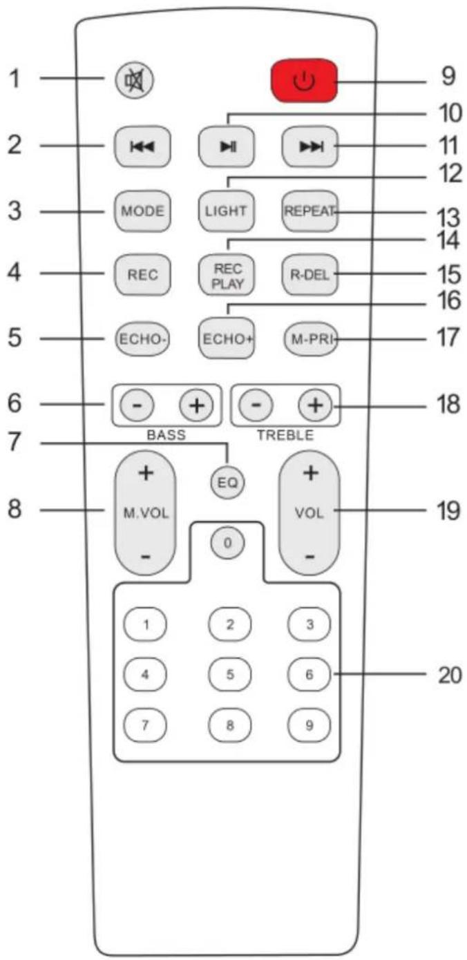 1 2 3 4 5 6 7 8 BASS TREBLE 1 2 3 4 5 6 7 8 9 10 11 12 MODE LIGHT REPEAT REC REC PLAY R-DEL ECHO- ECHO+ M-PRI 13 14 15 16 17 18 19 20