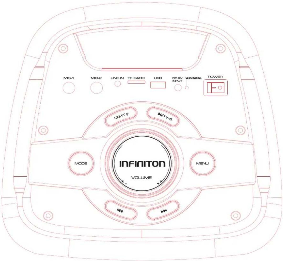 MIC-1 MIC-2 LINE IN TF CARD USB DC 8V INPUT CHARGING POWER LIGHT ? M/I TWS INFINITON VOLUME MODE MENU