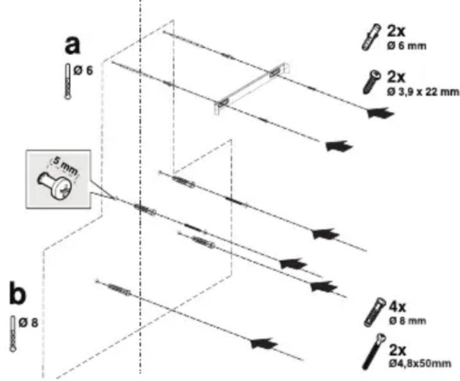 a Ø 6 2x Ø 6 mm 2x Ø 3,9 x 22 mm 5 mm b Ø 8 4x Ø 8 mm 2x Ø4,8x50mm