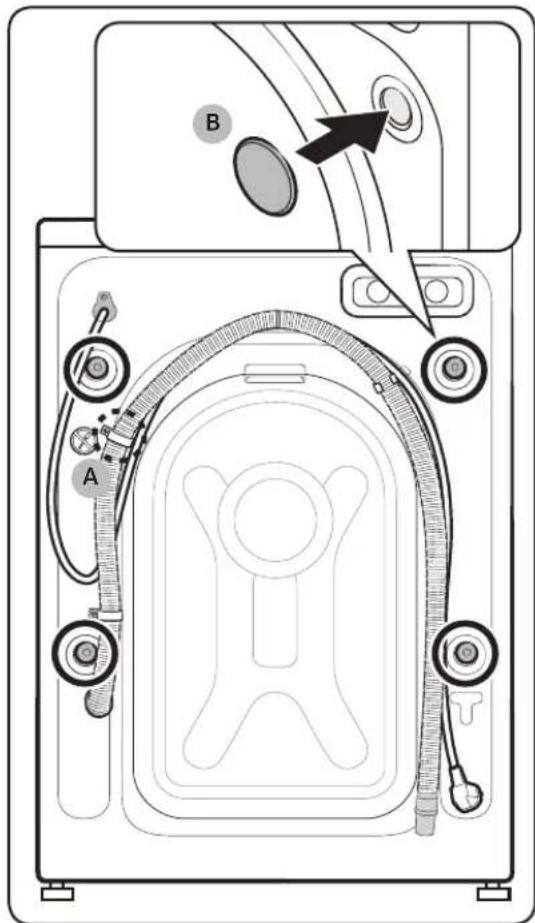 Diagram of a device interior with labeled parts A and B, showing tubing, buttons, and a central body model.
