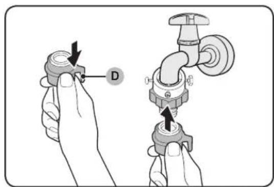 Diagram showing two hands adjusting a valve with labeled component D, likely illustrating a manual or mechanical procedure.