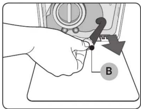 Diagram showing a hand holding a device with a labeled component 'B' and directional arrow indicating action or operation.