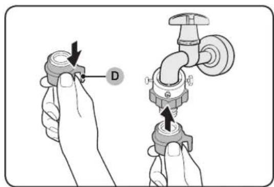 Diagram showing two hands adjusting a valve with labeled component D, likely illustrating a mechanical or electrical adjustment.