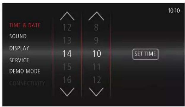 TIME & DATE 12 8 SOUND 13 9 DISPLAY 14 10 SERVICE 15 11 DEMO MODE 16 12 CONNECTIVITY 10:10 SET TIME
