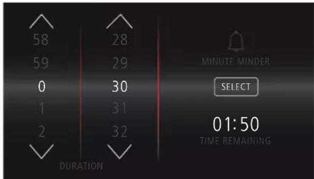 58 59 0 1 2 DURATION 28 29 30 31 32 MINUTE MINDER SELECT 01:50 TIME REMAINING