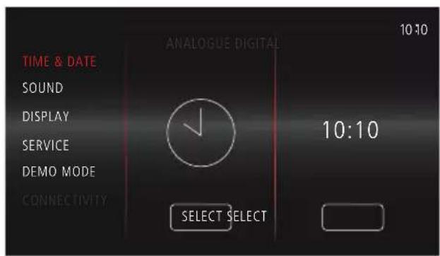 TIME & DATE SOUND DISPLAY SERVICE DEMO MODE CONNECTIVITY ANALOGUE DIGITAL 10:10 10:10 SELECT SELECT