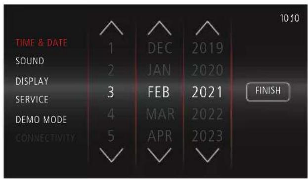 TIME & DATE 1 DEC 2019 SOUND 2 JAN 2020 DISPLAY 3 FEB 2021 SERVICE 4 MAR 2022 DEMO MODE 5 APR 2023 CONNECTIVITY FINISH