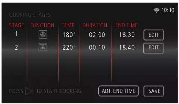 COOKING STAGES STAGE FUNCTION TEMP. DURATION END TIME 1 180° 02.00 18.30 EDIT 2 220° 00.10 18.40 EDIT PRESS TO START COOKING ADJ. END TIME SAVE